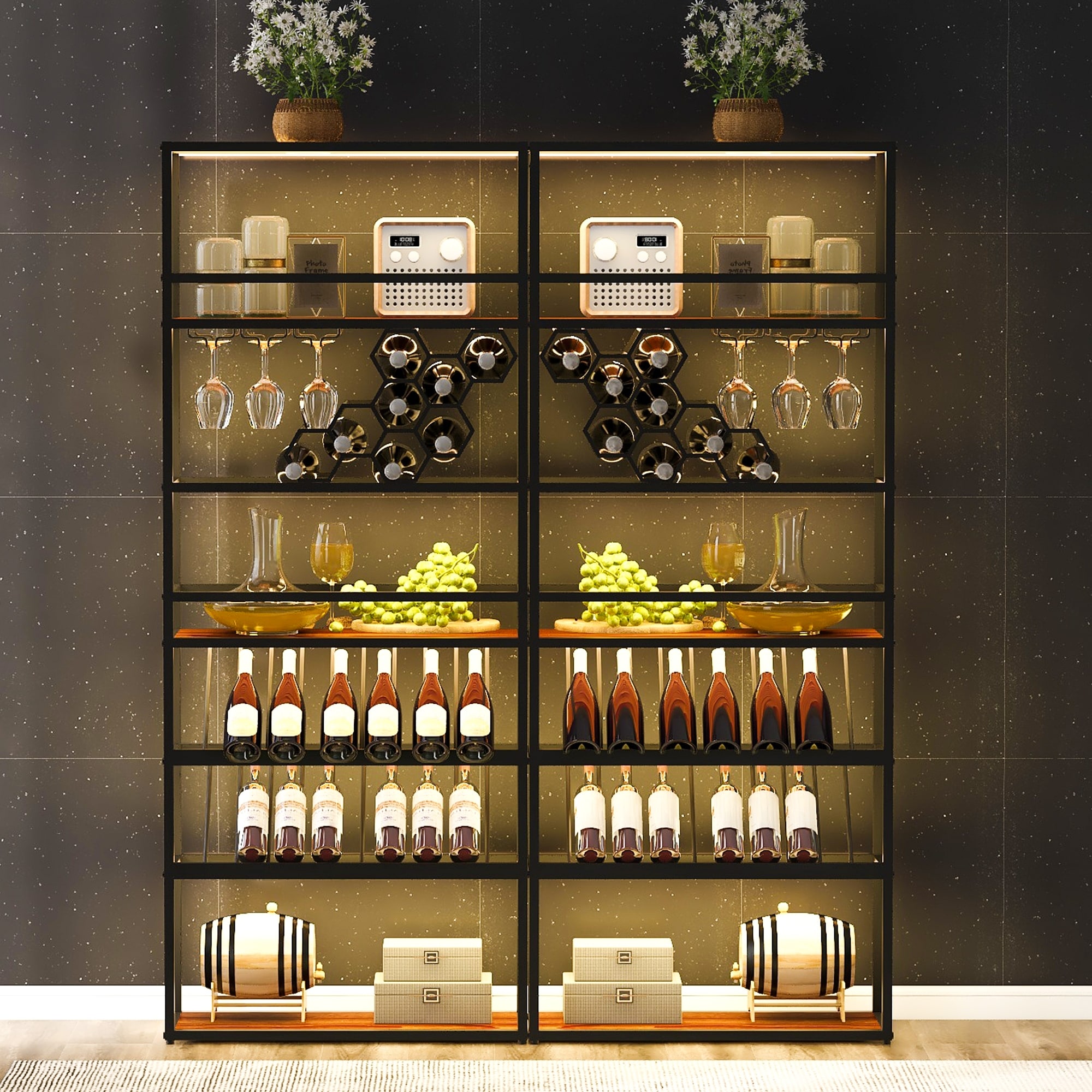 LED Tall Bar Cabinet Wine Rack Gold Contemporary Standing Honeycomb Wine Rack with Glass Rack Bed Bath Beyond 40285843